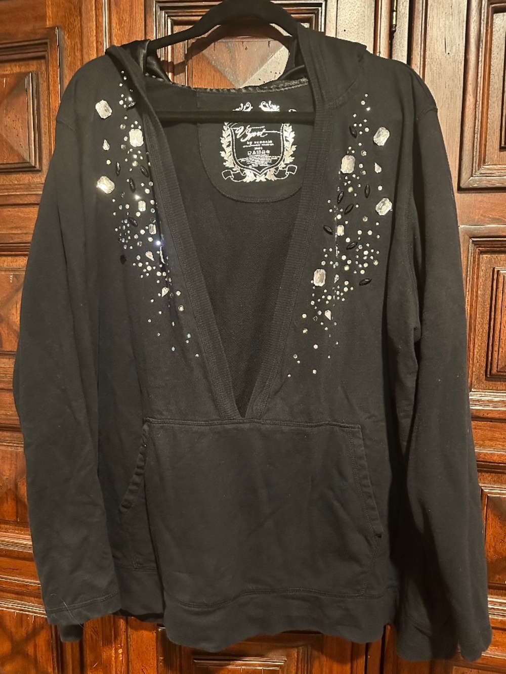26/28 3X 4 Venezia Deep V Sport Rhinestone Jeweled Black Hoodie Lane Bryant